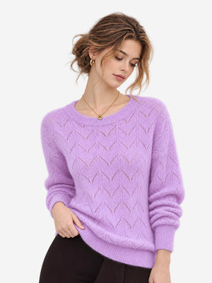 Women’s 100% Wool Openwork Sweater – Crew Neck Long Sleeve Relaxed Knit Pullover