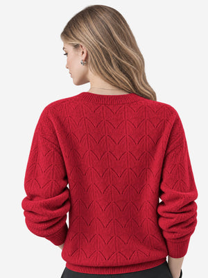 Women’s 100% Wool Openwork Sweater – Crew Neck Long Sleeve Relaxed Knit Pullover