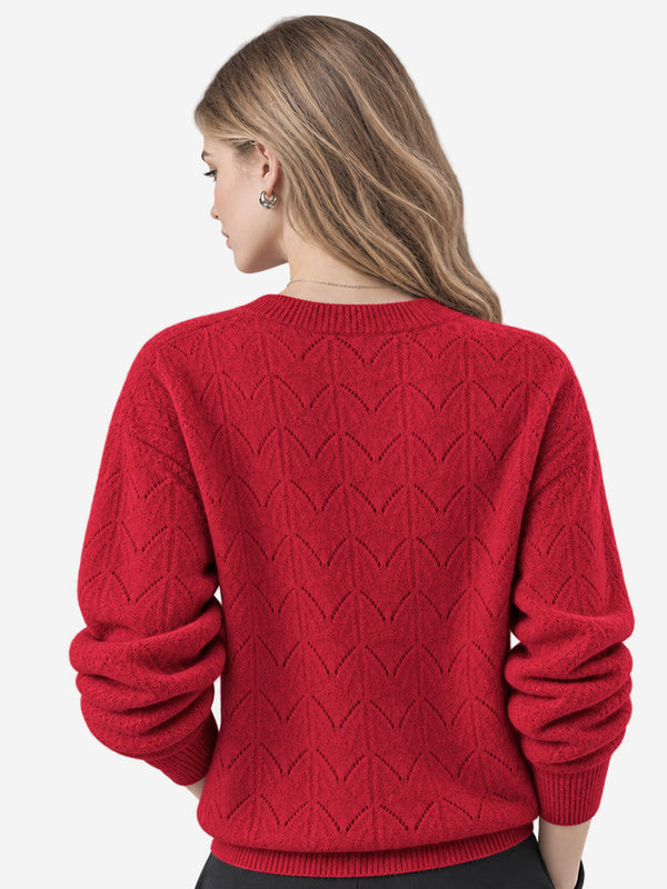 Women’s 100% Wool Openwork Sweater – Crew Neck Long Sleeve Relaxed Knit Pullover