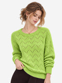 Women’s 100% Wool Openwork Sweater – Crew Neck Long Sleeve Relaxed Knit Pullover