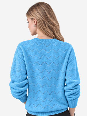 Women’s 100% Wool Openwork Sweater – Crew Neck Long Sleeve Relaxed Knit Pullover