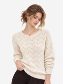 Women’s 100% Wool Openwork Sweater – Crew Neck Long Sleeve Relaxed Knit Pullover