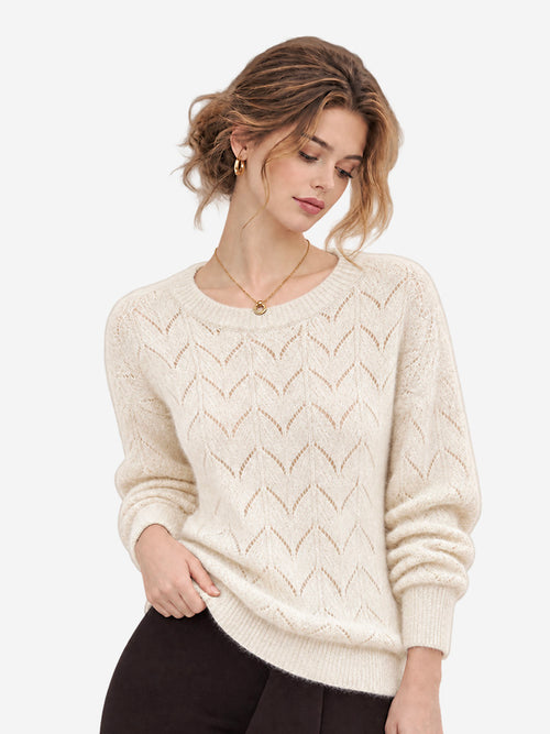 Women’s 100% Wool Openwork Sweater – Crew Neck Long Sleeve Relaxed Knit Pullover