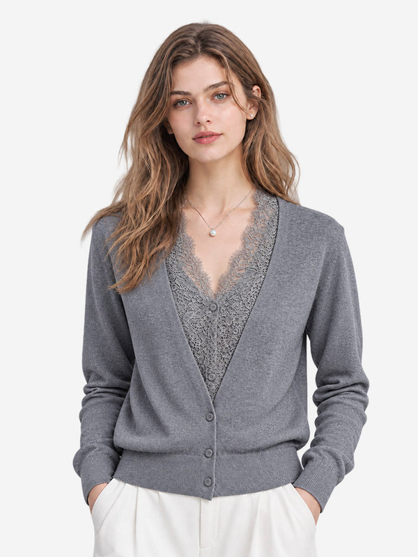 The French Lace V-Neck Wool Blend Cardigan