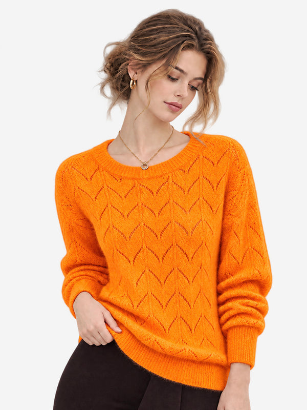 Women’s 100% Wool Openwork Sweater – Crew Neck Long Sleeve Relaxed Knit Pullover