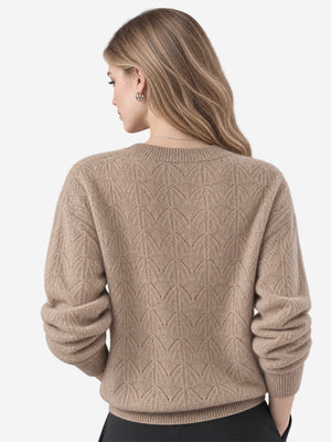 Women’s 100% Wool Openwork Sweater – Crew Neck Long Sleeve Relaxed Knit Pullover