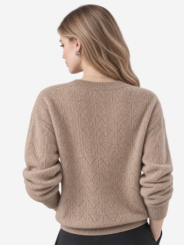 Women’s 100% Wool Openwork Sweater – Crew Neck Long Sleeve Relaxed Knit Pullover