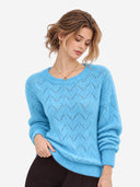 Women’s 100% Wool Openwork Sweater – Crew Neck Long Sleeve Relaxed Knit Pullover