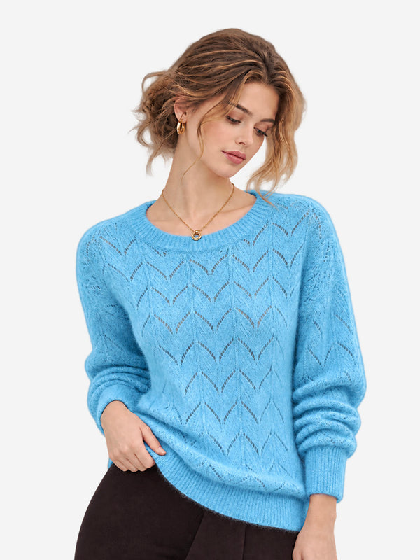 Women’s 100% Wool Openwork Sweater – Crew Neck Long Sleeve Relaxed Knit Pullover