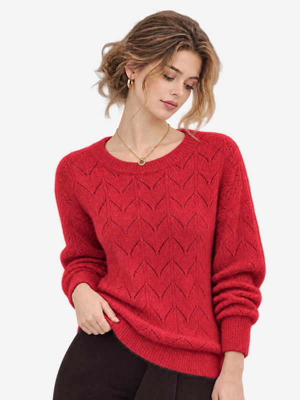 Women’s 100% Wool Openwork Sweater – Crew Neck Long Sleeve Relaxed Knit Pullover