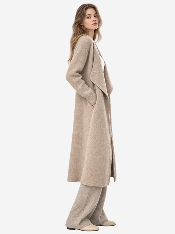 Women’s 100% Wool Long Knit Cardigan – Thickened Relaxed Fit Sweater Coat