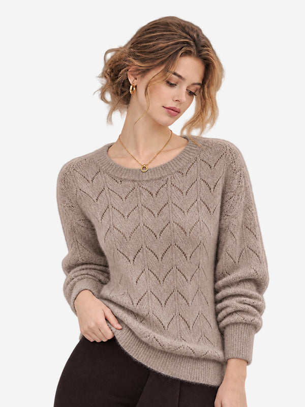 Women’s 100% Wool Openwork Sweater – Crew Neck Long Sleeve Relaxed Knit Pullover