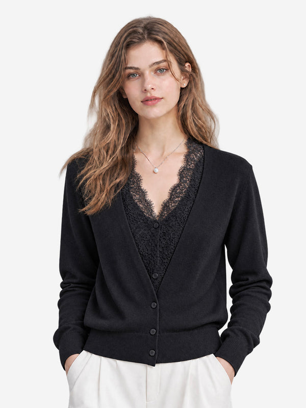 The French Lace V-Neck Wool Blend Cardigan