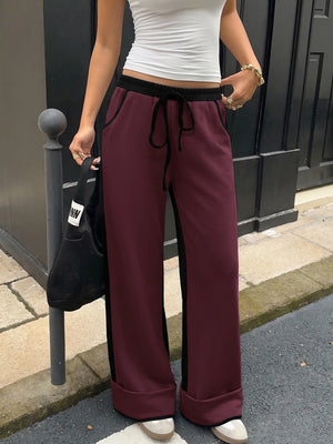 Women's Contrast Panel Wide Leg Sweatpants – Relaxed Fit Drawstring Pants with Pockets
