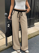 Women's Contrast Panel Wide Leg Sweatpants – Relaxed Fit Drawstring Pants with Pockets