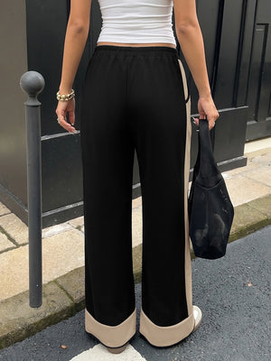 Women's Contrast Panel Wide Leg Sweatpants – Relaxed Fit Drawstring Pants with Pockets