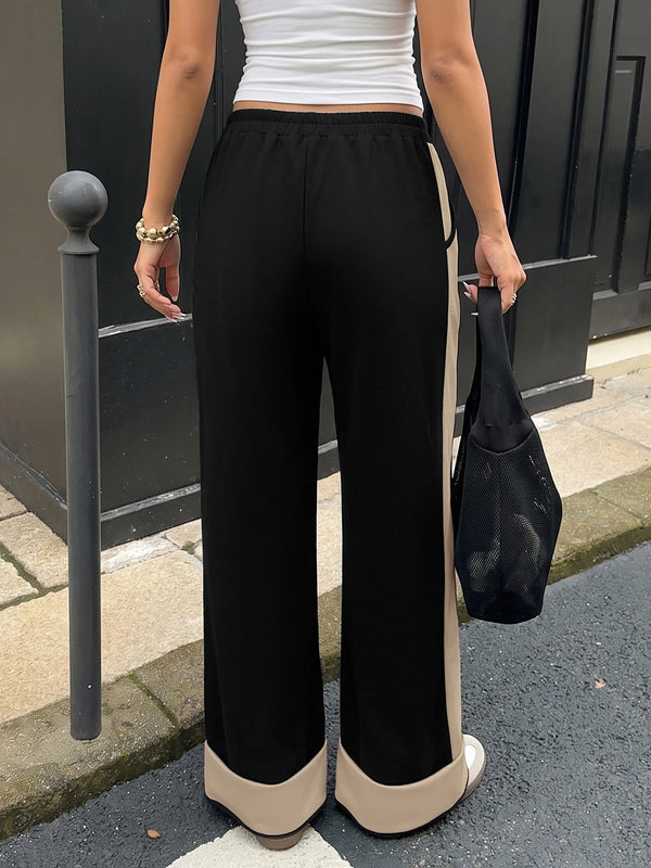 Women's Contrast Panel Wide Leg Sweatpants – Relaxed Fit Drawstring Pants with Pockets