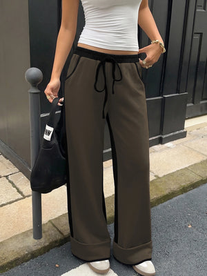 Women's Contrast Panel Wide Leg Sweatpants – Relaxed Fit Drawstring Pants with Pockets