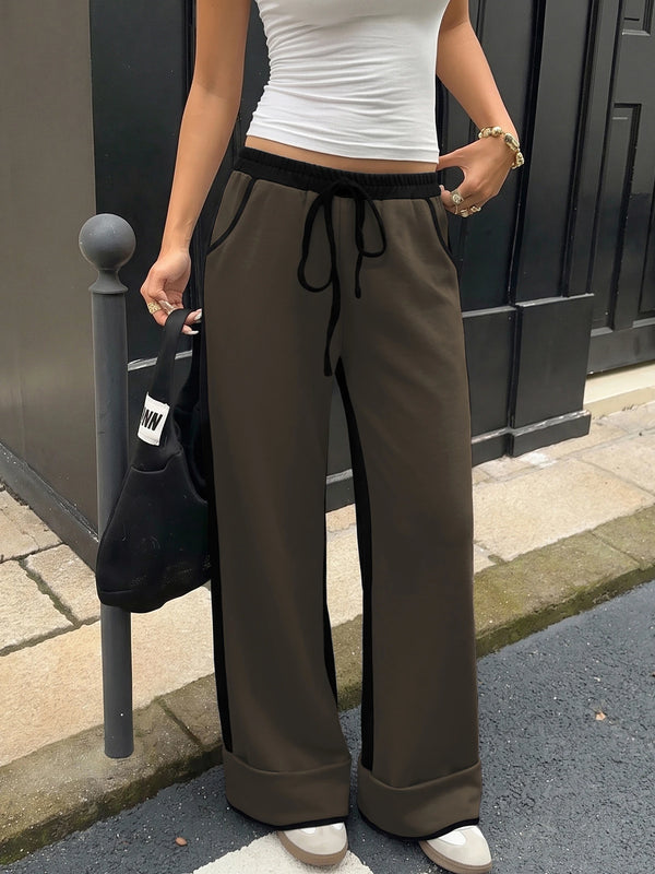 Women's Contrast Panel Wide Leg Sweatpants – Relaxed Fit Drawstring Pants with Pockets
