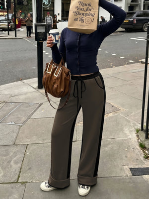 Women's Contrast Panel Wide Leg Sweatpants – Relaxed Fit Drawstring Pants with Pockets