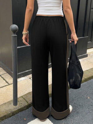 Women's Contrast Panel Wide Leg Sweatpants – Relaxed Fit Drawstring Pants with Pockets