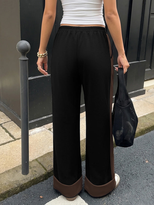 Women's Contrast Panel Wide Leg Sweatpants – Relaxed Fit Drawstring Pants with Pockets