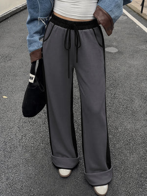 Women's Contrast Panel Wide Leg Sweatpants – Relaxed Fit Drawstring Pants with Pockets
