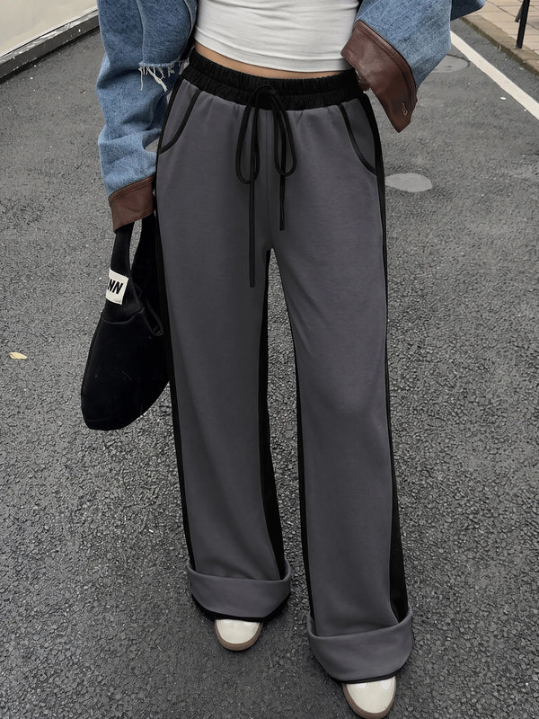 Women's Contrast Panel Wide Leg Sweatpants – Relaxed Fit Drawstring Pants with Pockets