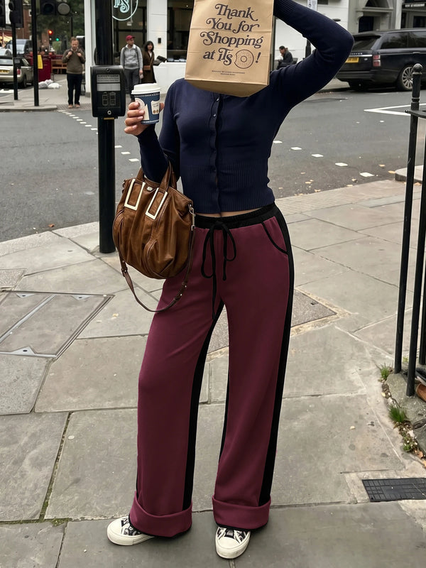 Women's Contrast Panel Wide Leg Sweatpants – Relaxed Fit Drawstring Pants with Pockets