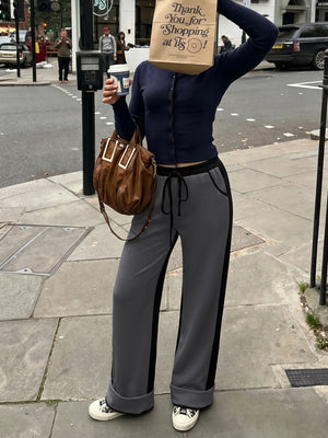 Women's Contrast Panel Wide Leg Sweatpants – Relaxed Fit Drawstring Pants with Pockets