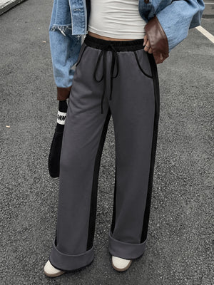 Women's Contrast Panel Wide Leg Sweatpants – Relaxed Fit Drawstring Pants with Pockets