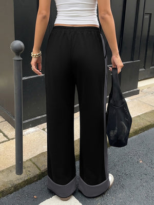 Women's Contrast Panel Wide Leg Sweatpants – Relaxed Fit Drawstring Pants with Pockets