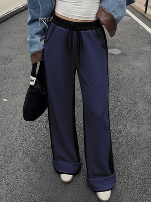 Women's Contrast Panel Wide Leg Sweatpants – Relaxed Fit Drawstring Pants with Pockets