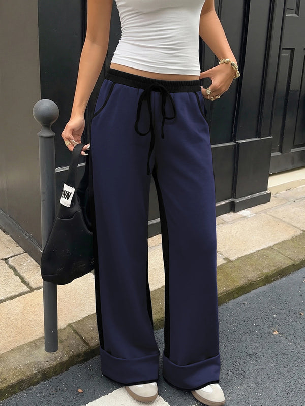 Women's Contrast Panel Wide Leg Sweatpants – Relaxed Fit Drawstring Pants with Pockets