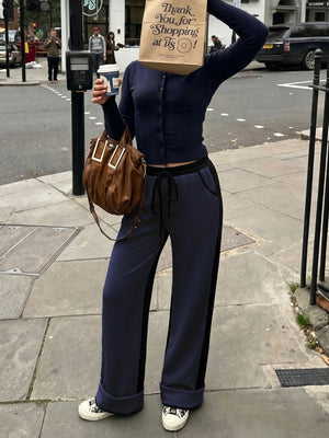 Women's Contrast Panel Wide Leg Sweatpants – Relaxed Fit Drawstring Pants with Pockets