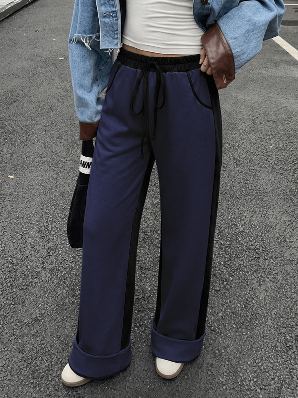 Women's Contrast Panel Wide Leg Sweatpants – Relaxed Fit Drawstring Pants with Pockets
