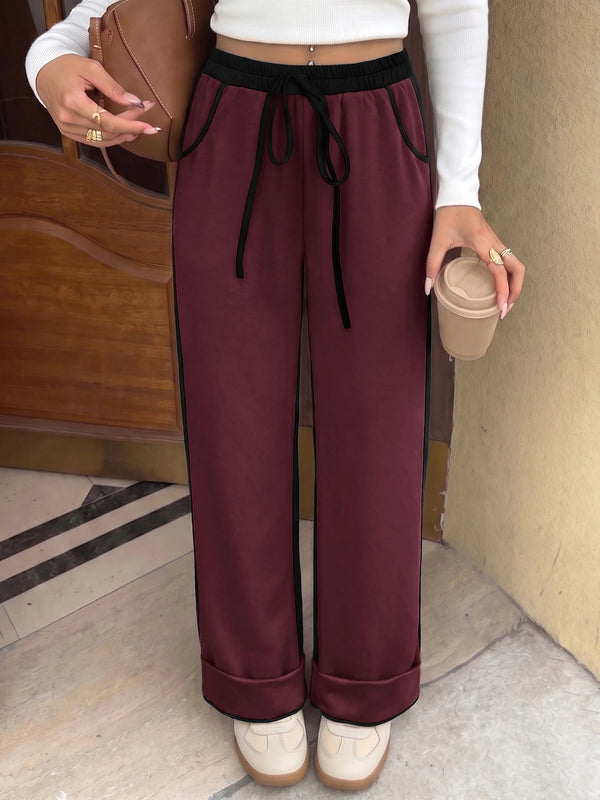 Women's Contrast Panel Wide Leg Sweatpants – Relaxed Fit Drawstring Pants with Pockets
