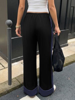 Women's Contrast Panel Wide Leg Sweatpants – Relaxed Fit Drawstring Pants with Pockets