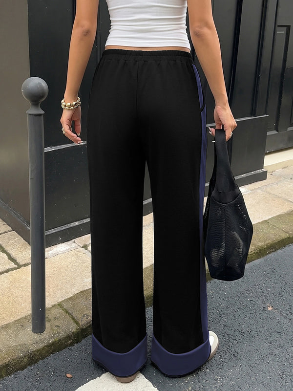 Women's Contrast Panel Wide Leg Sweatpants – Relaxed Fit Drawstring Pants with Pockets