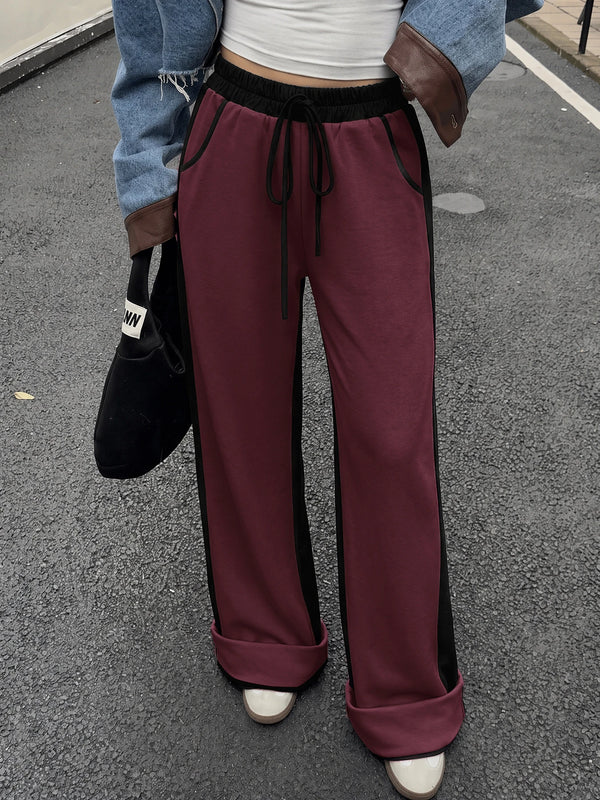 Women's Contrast Panel Wide Leg Sweatpants – Relaxed Fit Drawstring Pants with Pockets
