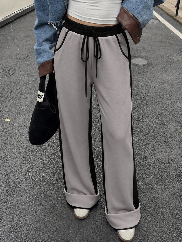 Women's Contrast Panel Wide Leg Sweatpants – Relaxed Fit Drawstring Pants with Pockets
