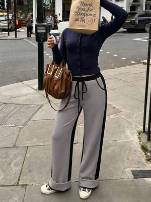 Women's Contrast Panel Wide Leg Sweatpants – Relaxed Fit Drawstring Pants with Pockets