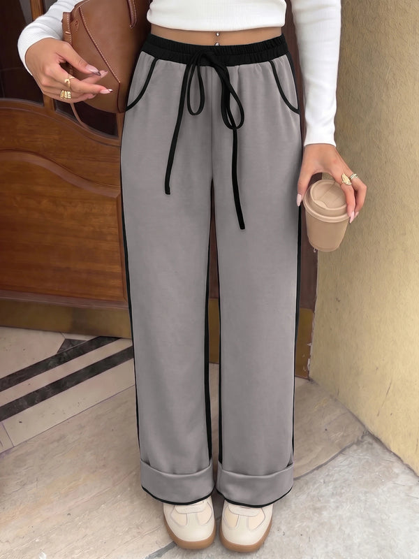 Women's Contrast Panel Wide Leg Sweatpants – Relaxed Fit Drawstring Pants with Pockets