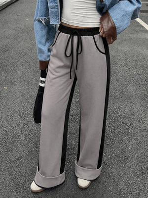 Women's Contrast Panel Wide Leg Sweatpants – Relaxed Fit Drawstring Pants with Pockets