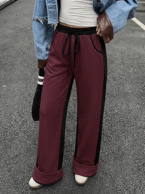 Women's Contrast Panel Wide Leg Sweatpants – Relaxed Fit Drawstring Pants with Pockets