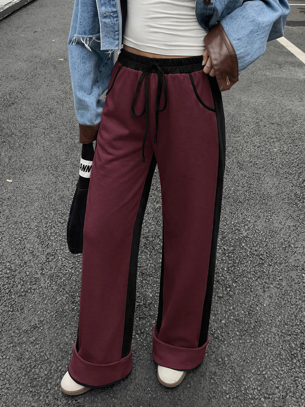 Women's Contrast Panel Wide Leg Sweatpants – Relaxed Fit Drawstring Pants with Pockets