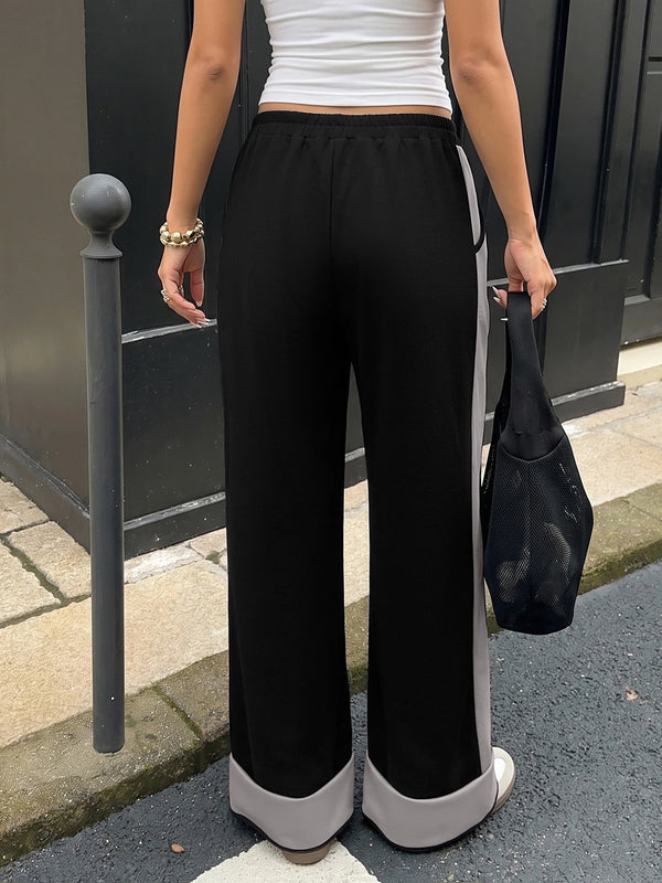 Women's Contrast Panel Wide Leg Sweatpants – Relaxed Fit Drawstring Pants with Pockets