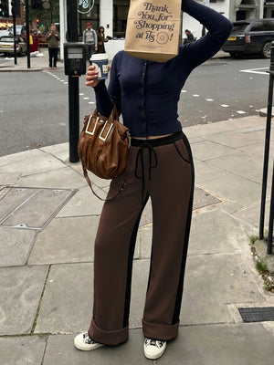 Women's Contrast Panel Wide Leg Sweatpants – Relaxed Fit Drawstring Pants with Pockets