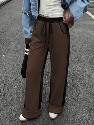 Women's Contrast Panel Wide Leg Sweatpants – Relaxed Fit Drawstring Pants with Pockets