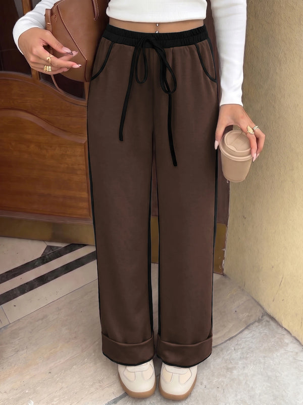 Women's Contrast Panel Wide Leg Sweatpants – Relaxed Fit Drawstring Pants with Pockets